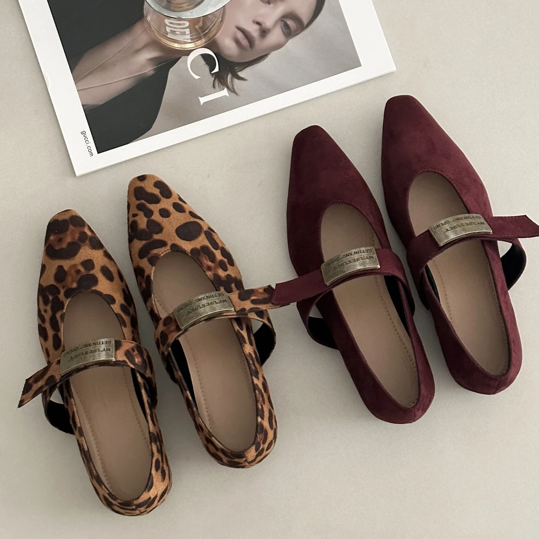 晚睡兰·内增高5cm百搭豹纹玛丽珍鞋新款尖头芭蕾舞复古单鞋浅口