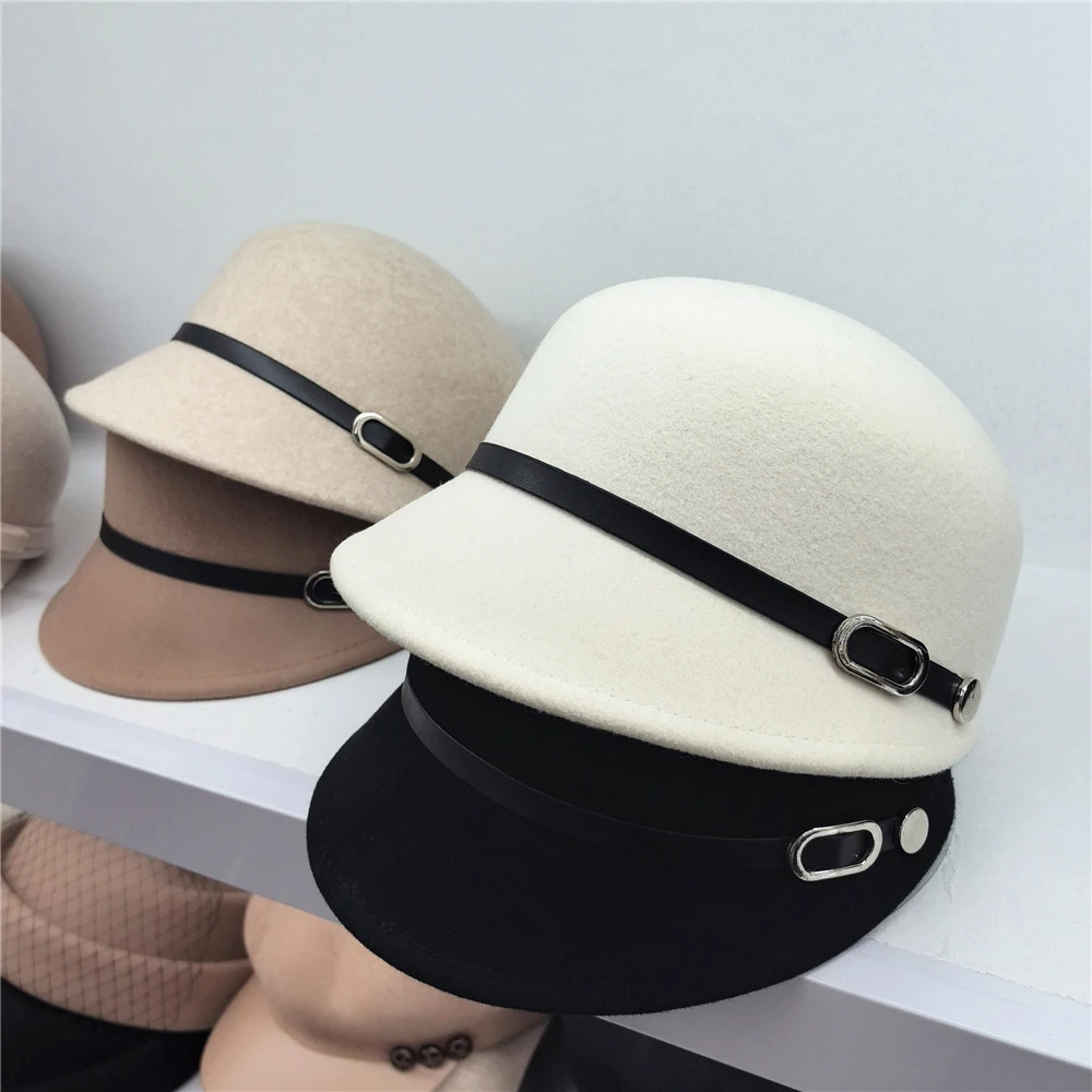 日系简约百搭羊毛马术帽子女士秋冬高品质保暖贝雷帽百搭皮带礼帽