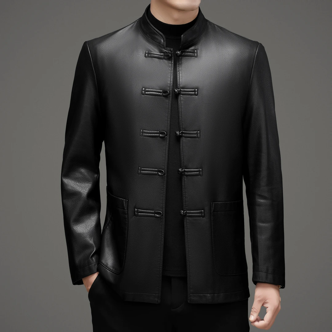 【海宁】2024秋新款高品质男士真皮绵羊皮圆领商务休闲时尚国风唐装