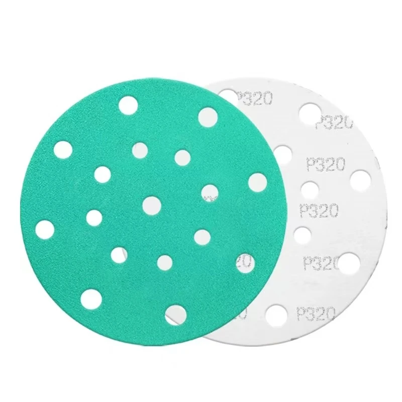 6寸17孔绿色胶膜拉绒片植绒绿色砂纸打磨机自粘圆盘砂纸