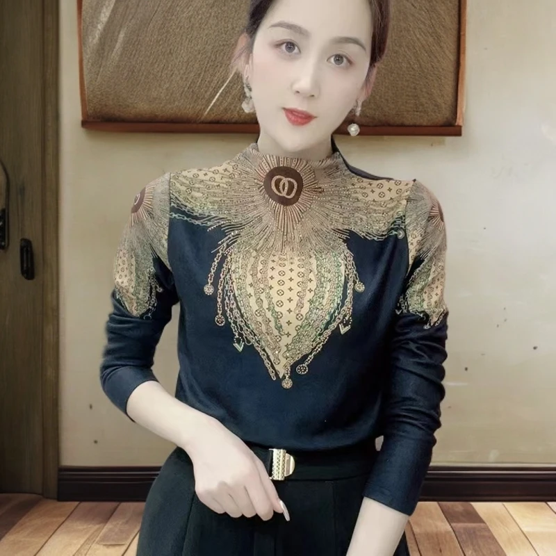 B742#时尚半高领德绒印花打底衫（XL~6XL，90~160斤）