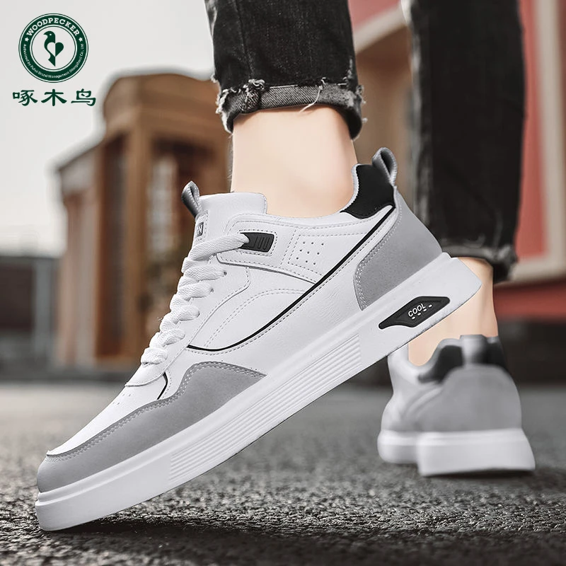 【啄木鸟】工作男鞋春秋2025新款防水皮面青少年板鞋男百搭休闲运动