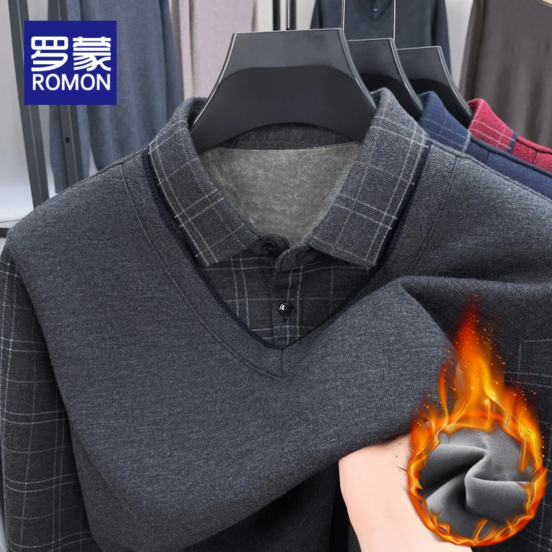 罗蒙男士冬季加绒针织衫男新款上衣服商务爸爸保暖假两件毛衣男款
