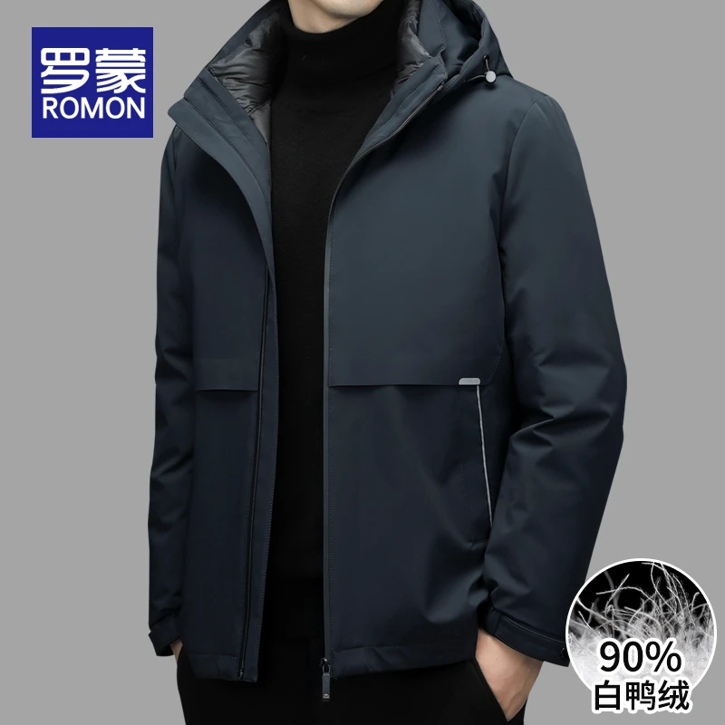 罗蒙男士内胆可拆卸羽绒服男款连帽加厚冬季保暖舒适白鸭绒外套男