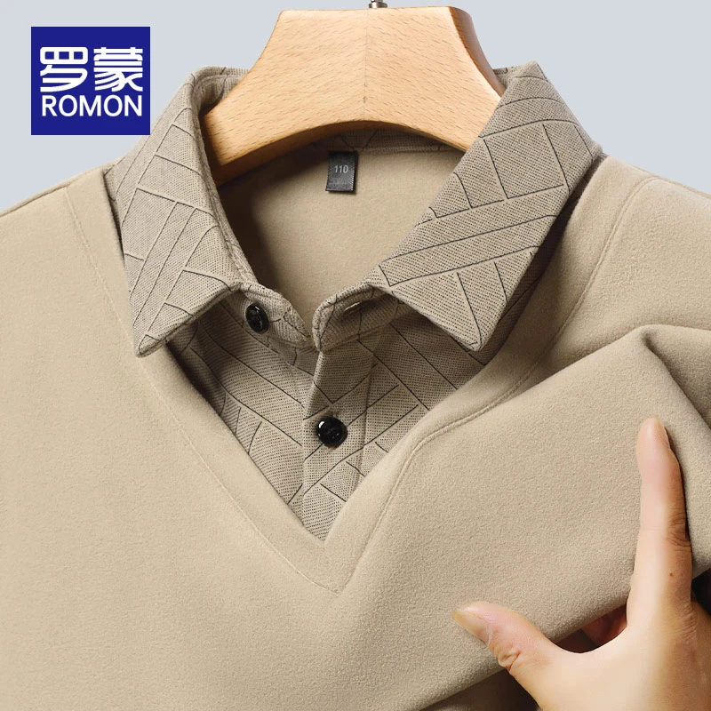 罗蒙男士秋冬款时尚衬衫领打底上衣男款中年男装假两件长袖t恤男