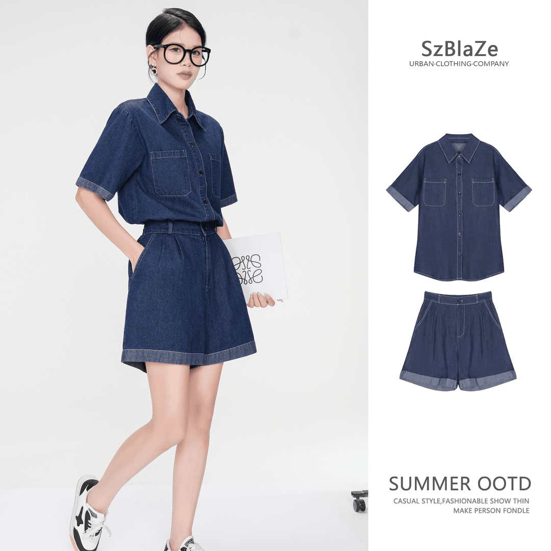 SzBlaZe9989夏季减龄衬衫高腰显瘦短裤薄款设计经典丹宁牛仔套装
