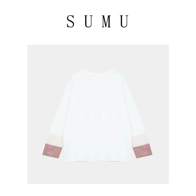 宿慕SUMU 长袖T恤 2-19春季新款百搭拼接袖口圆领上衣女3026