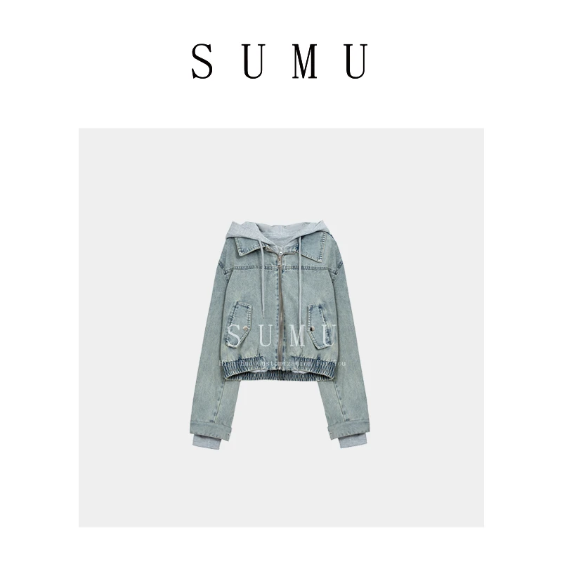 宿慕SUMU 牛仔外套春季新款连帽气质假两件外套女8807
