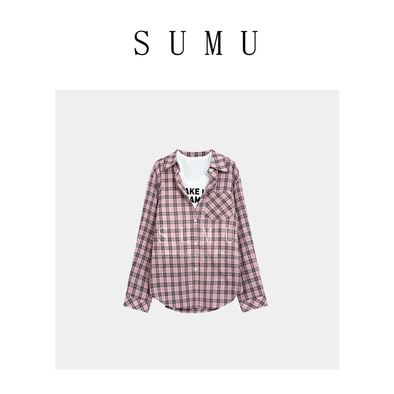 宿慕女装格子衬衫新款字母印花运动背心衬衫327