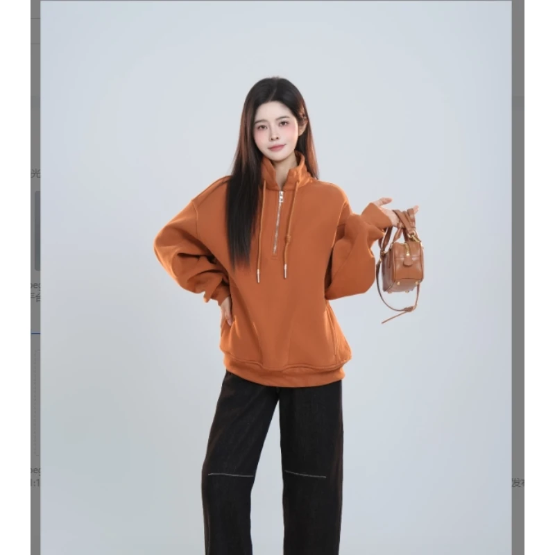 宿慕SUMU 女款加绒立领卫衣12-2冬季新款休闲宽松上衣B1904K