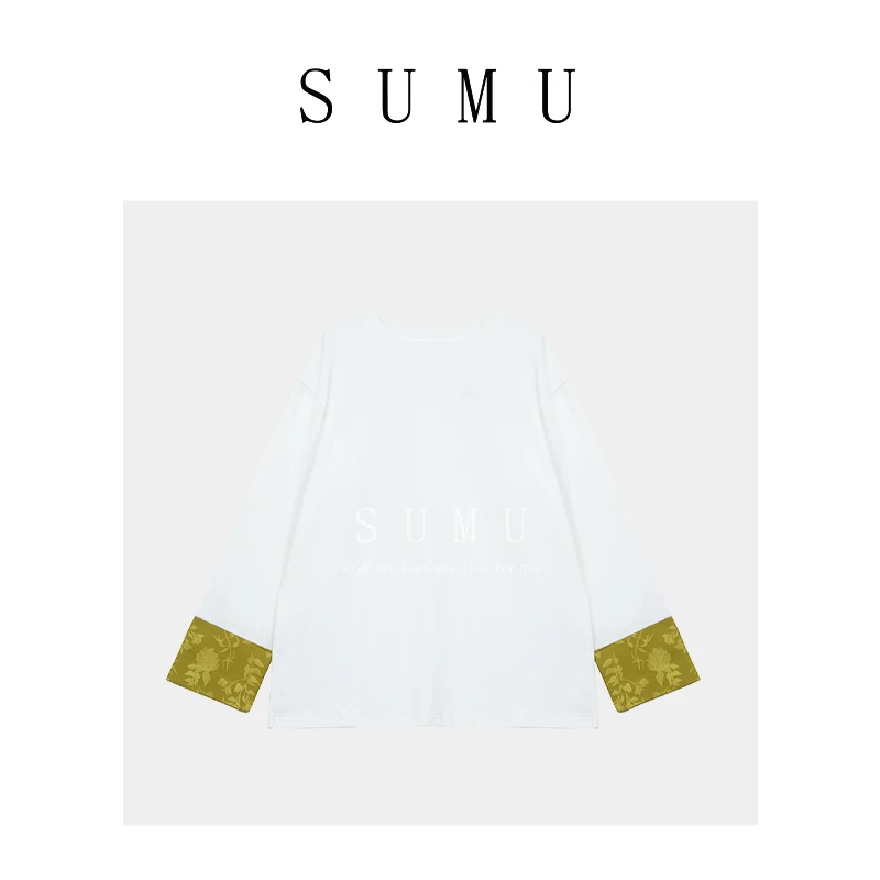 宿慕中国风拼接袖T恤女春季新款圆领宽松显瘦长袖上衣3025