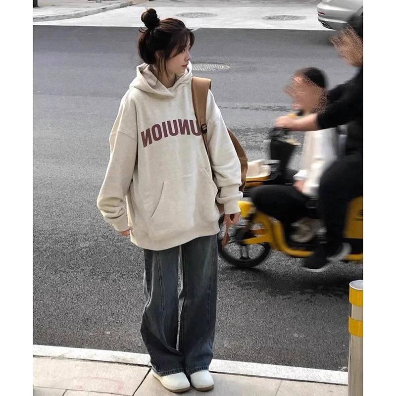 百搭复古hiphop连帽卫衣女春秋oversize潮牌薄款外套宽松慵懒上衣