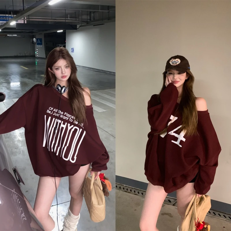 美式辣妹字母印花斜肩卫衣女春秋新款慵懒风休闲宽松套头长袖上衣