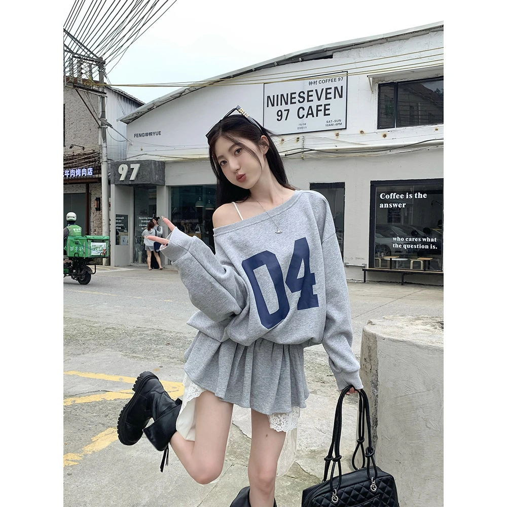 美式慵懒风长袖斜肩一字肩卫衣女春秋季2024新款宽松oversize上衣