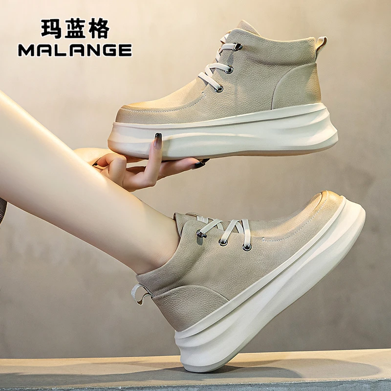 真皮高帮小白鞋女2024秋季新款松糕板鞋百搭复古风厚底增高短靴子