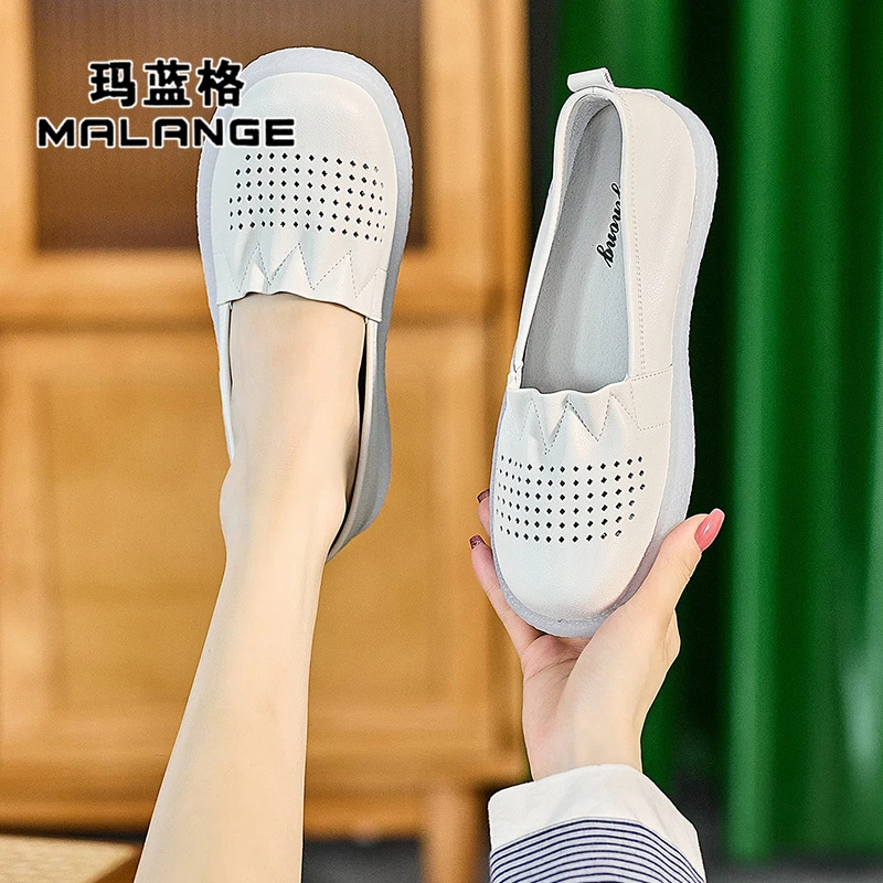 真皮浅口小白鞋女2023夏季新款一脚蹬牛筋底软底平底休闲镂空单鞋