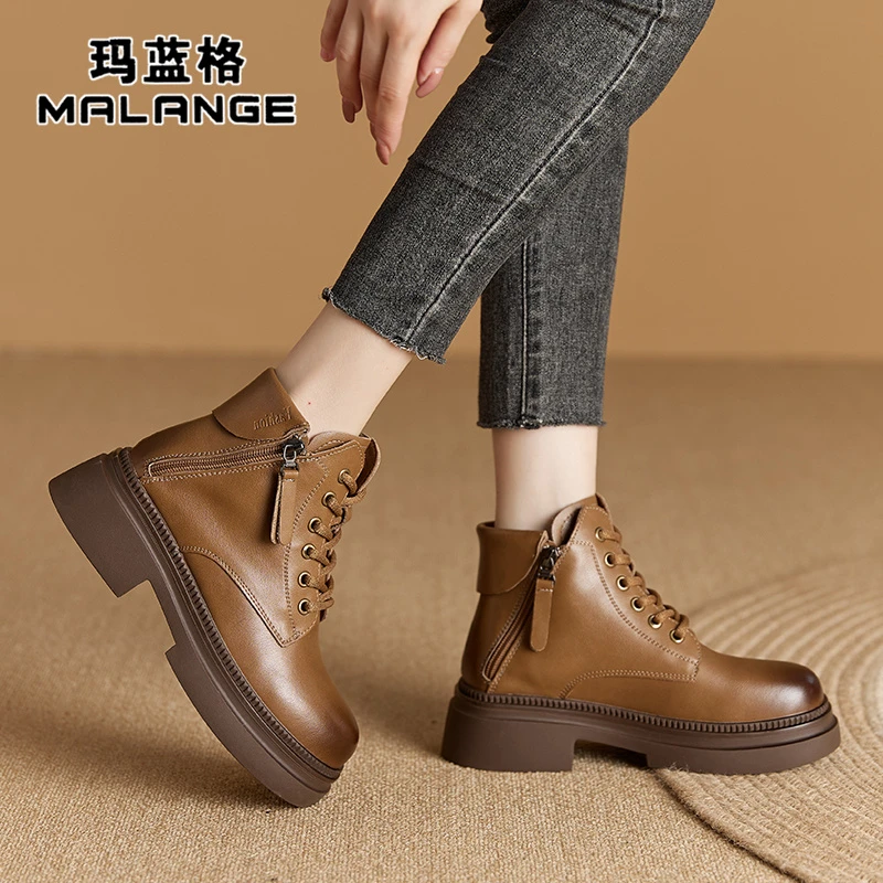 真皮马丁靴女英伦风2024冬季新款厚底短靴百搭复古加绒粗跟时装靴