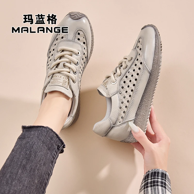 真皮软底阿甘鞋女2024夏季新款镂空板鞋百搭英伦风复古平底小皮鞋