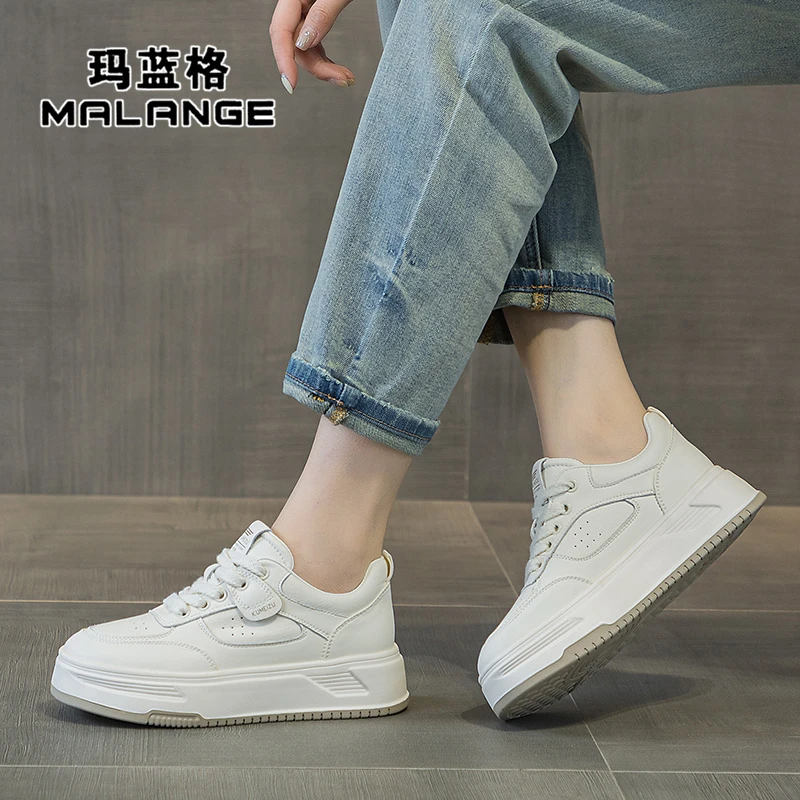 真皮系带小白鞋女2024秋季新款大码单鞋百搭运动透气网面厚底板鞋