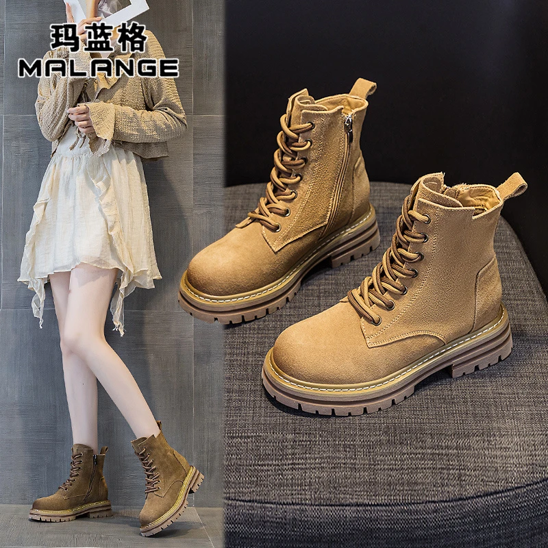 真皮厚底增高马丁靴女2024秋冬季新款百搭休闲粗跟松糕大黄靴短靴
