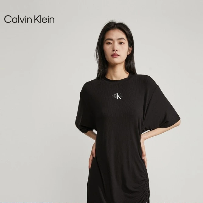 CKJeans夏季女士重叠舒适印花抽褶圆领薄荷曼波弹力连衣裙J221124