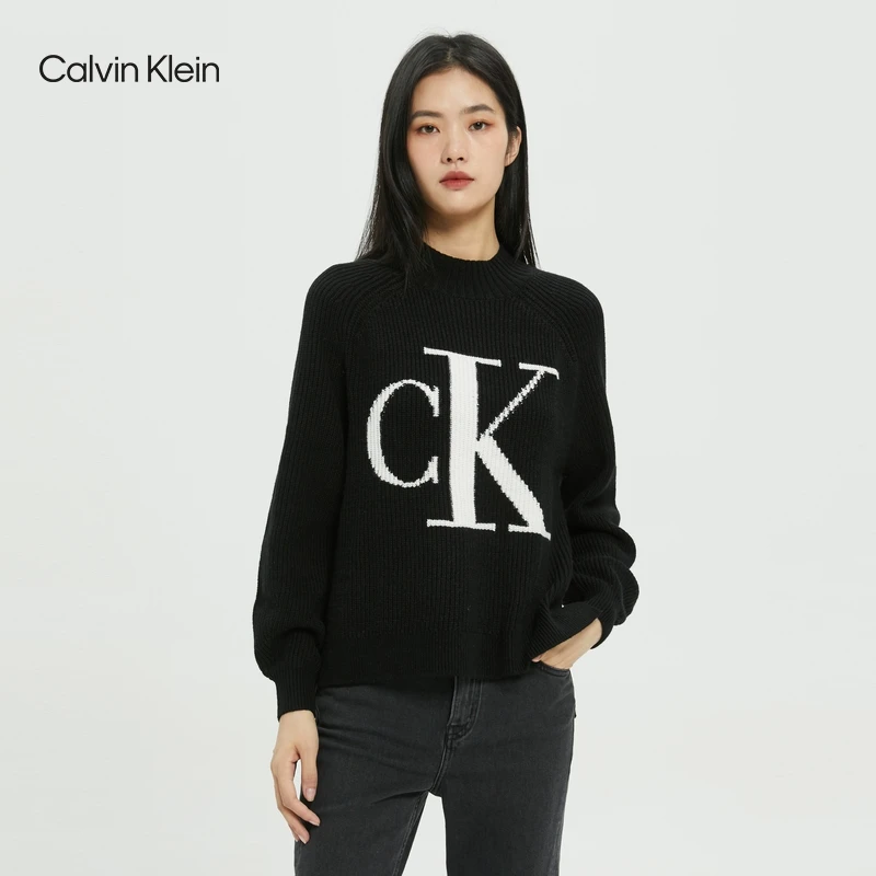 CK Jeans早春女士时尚休闲舒适醒目提花圆领套头针织毛衣ZW01887