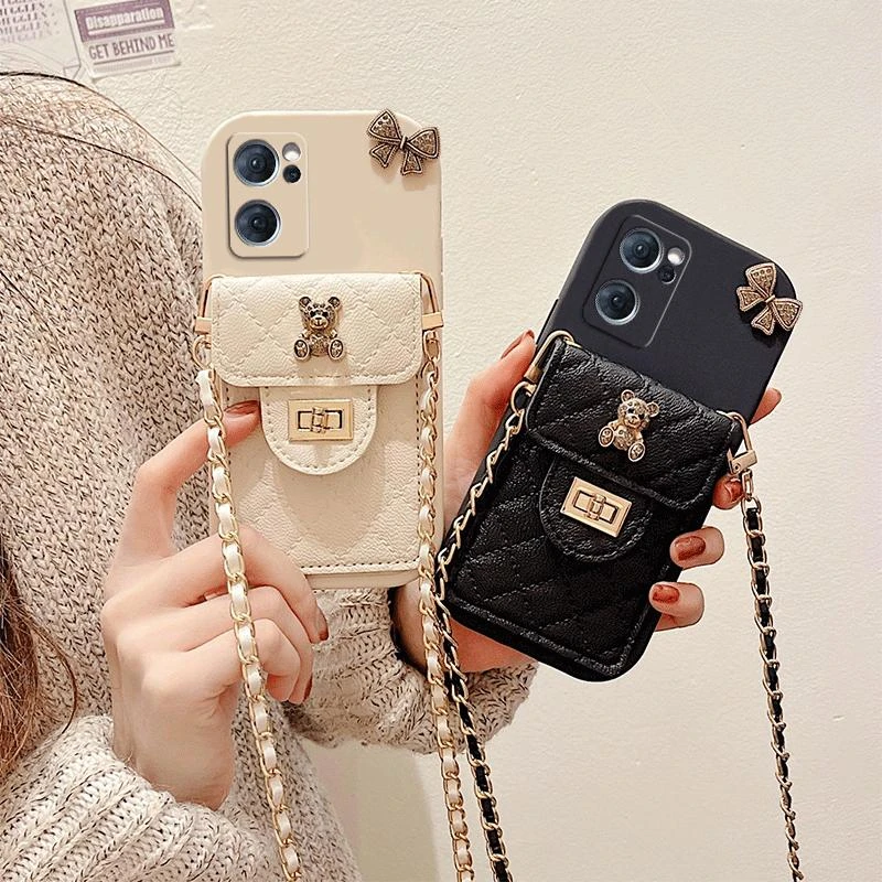 opporeno7卡包手机壳蝴蝶结小熊斜挎链绳可背带防摔软高级