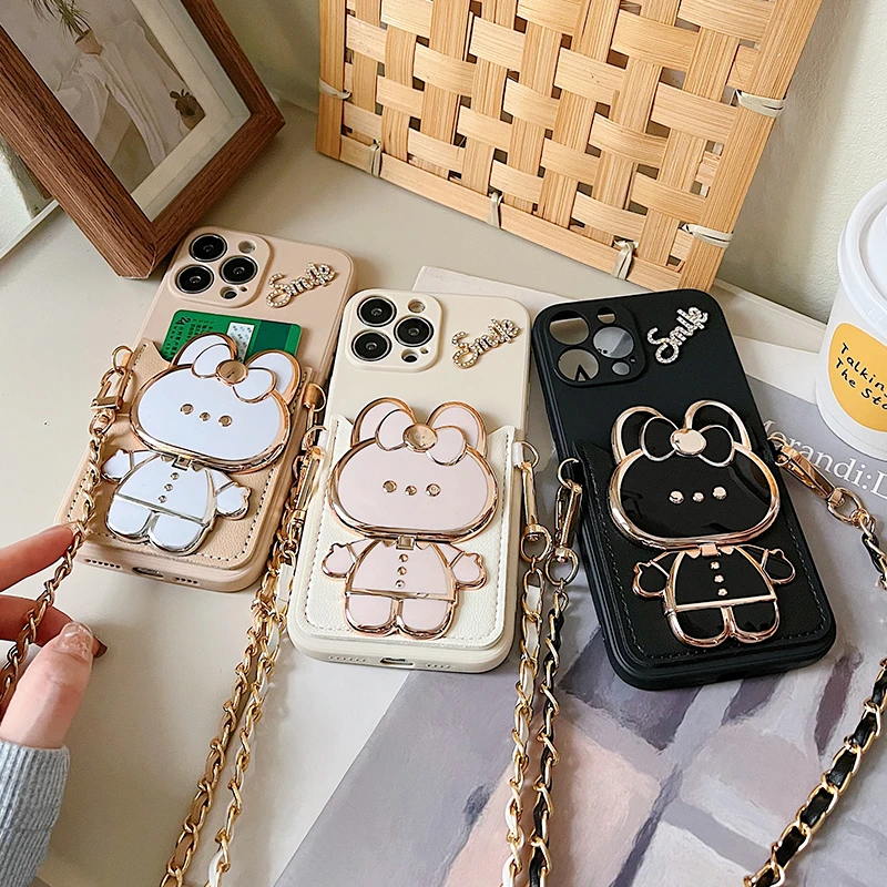 适用于【苹果/华为/vivo/oppo/小米】补妆镜兔子支架斜挎手机壳