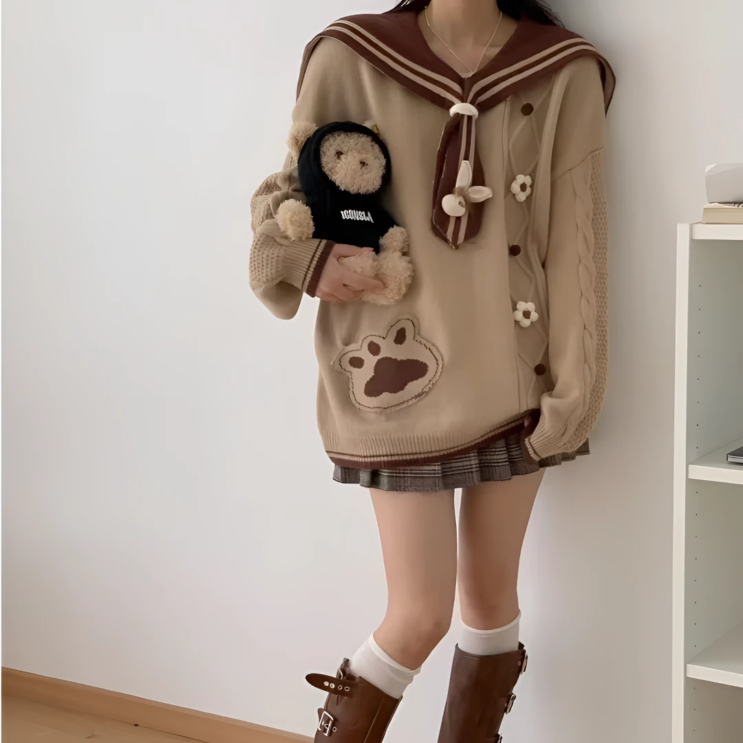 海军领甜美学院风毛衣女秋冬外穿2024新款宽松减龄套头针织衫百搭