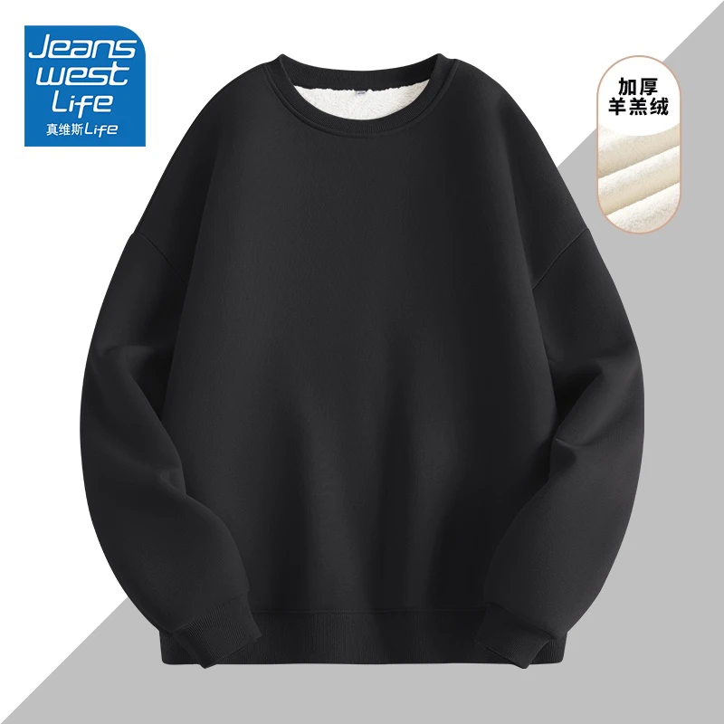 JEANSWEST LIFE/真维斯无界黑色羊羔绒圆领长袖卫衣休闲百搭加厚