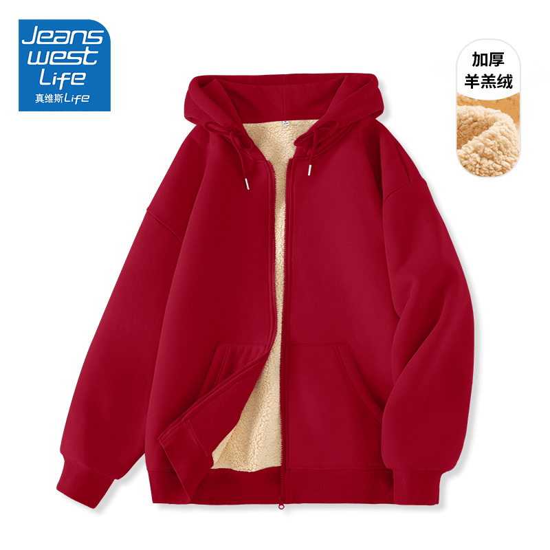真维斯LIFE加绒连帽卫衣红色高档宽松百搭抗寒2023冬季新款女外套
