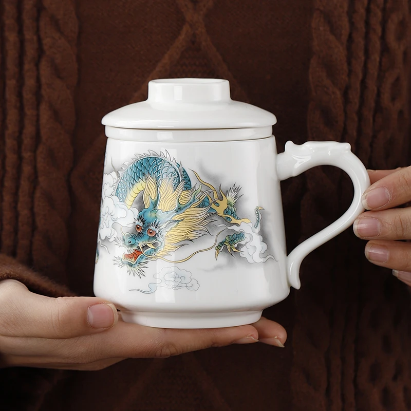 轻奢陶瓷办公水杯白瓷带盖个人家用泡茶杯大容量马克杯伴手礼高档