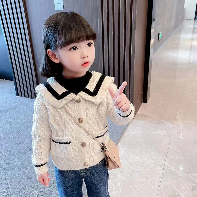 儿童外套2024女童小香风针织毛衣外套宝宝洋气春秋新款娃娃领韩版