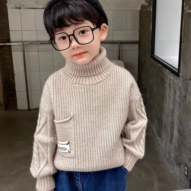 儿童2025加绒加厚冬季新款百搭针织毛衣男童高领保暖爆款口袋休闲