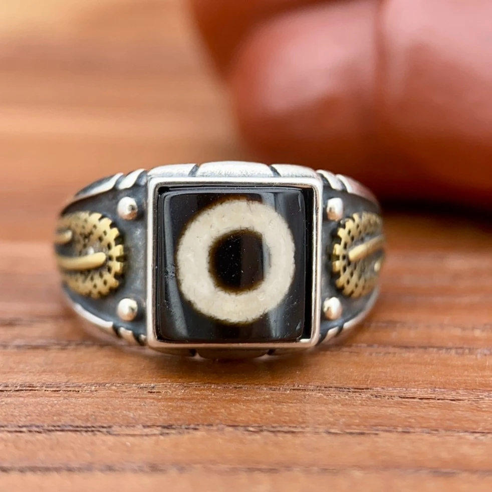 【诸柿吉】沙漠绿洲手工台珠厚切玛瑙黑白分明925纯银活口戒指