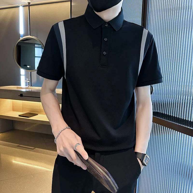 男士拼接POLO衫短袖潮牌翻领T恤2024新款夏季男装衣服潮流半袖帅t