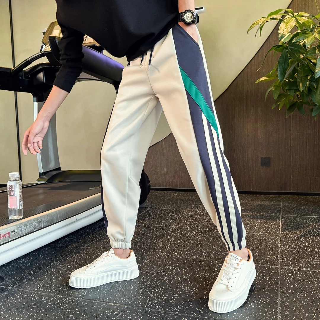 拼色条纹裤子男款秋冬季束脚运动休闲裤2025新款潮流痞帅修身卫裤