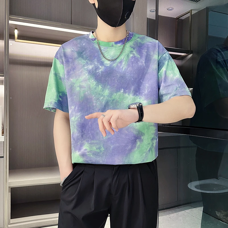 高级感彩色扎染短袖T恤男重磅体恤男装上衣2024新款夏季痞帅半袖t