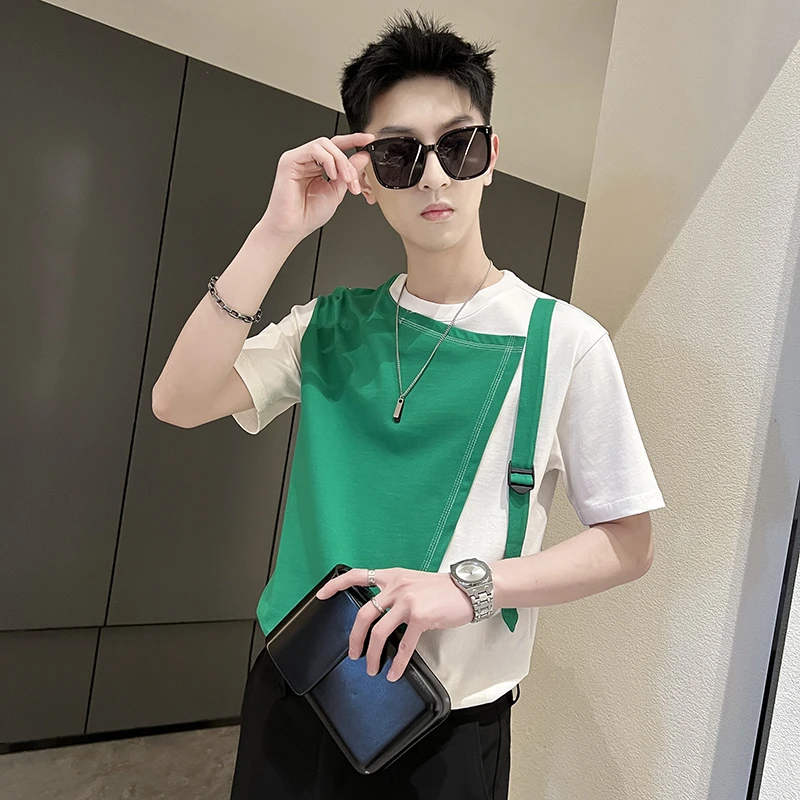 拼接撞色短袖T恤男士夏季男装上衣潮牌高级感半袖衣服薄款体恤帅t