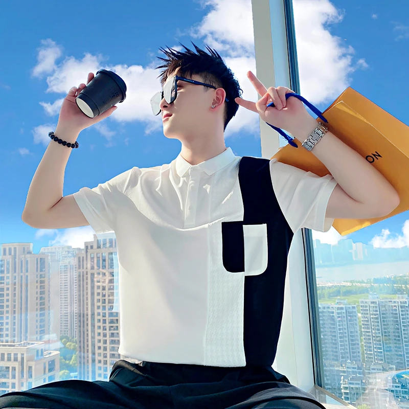 夏季拼接POLO衫短袖男韩版潮流撞色T恤男装2024新款夏装半袖上衣