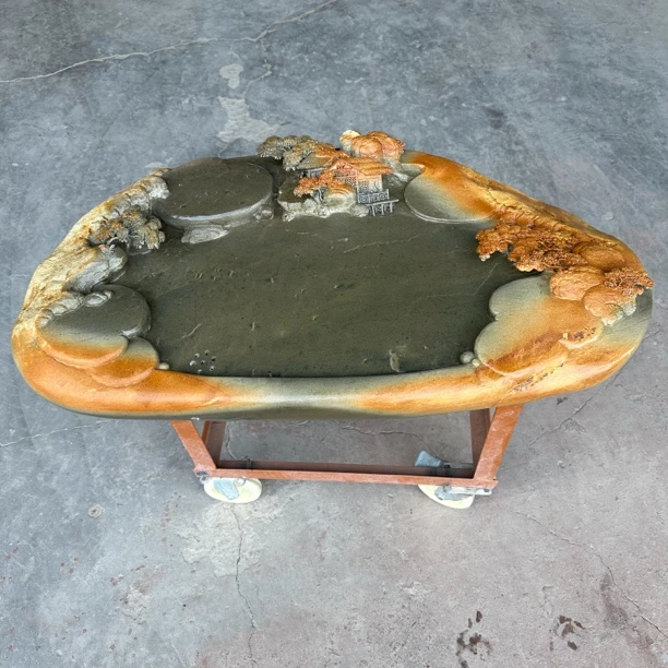 整块原石湿泡台茶盘复古家用茶盘双鱼青石材创意简约端石托盘砚石