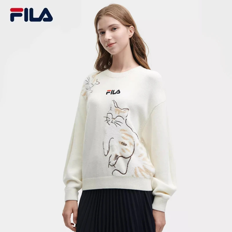 FILA斐乐女装【猫咪圆领针织衫】时尚休闲宽松猫猫毛衣F11W348409F
