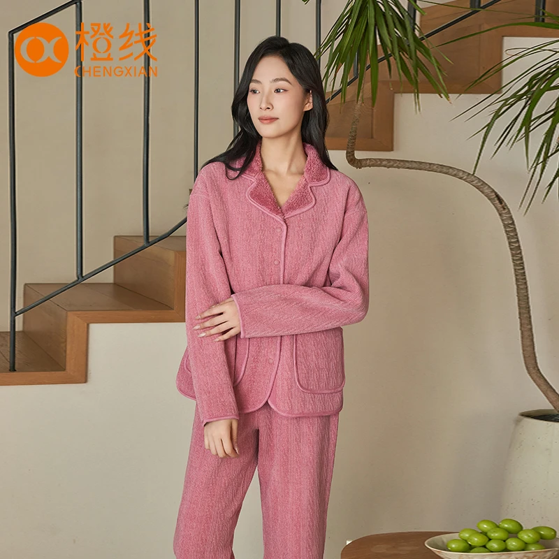 橙线2024新款双面穿麦穗雪绒花唯美蝴蝶领暖身家居服套装-E841021