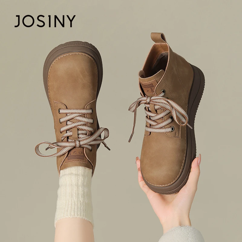 卓诗尼磨砂加绒马丁靴女2024秋冬季新款复古百搭厚底系带勃肯短靴