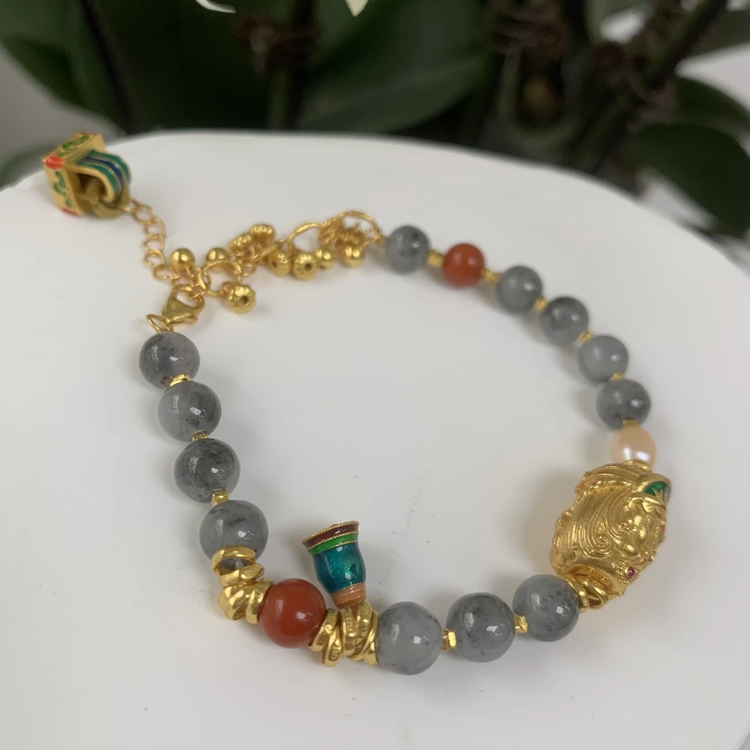 《扎基娘娘》前世今生五路印章 乌鸡翡翠手绳 单圈 编织烧蓝设计款