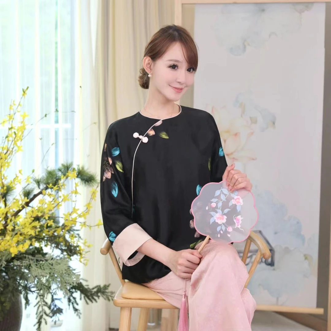 【牡丹】满分桑蚕丝圆领时尚国风衬衫上衣 新中式衬衫23S0147