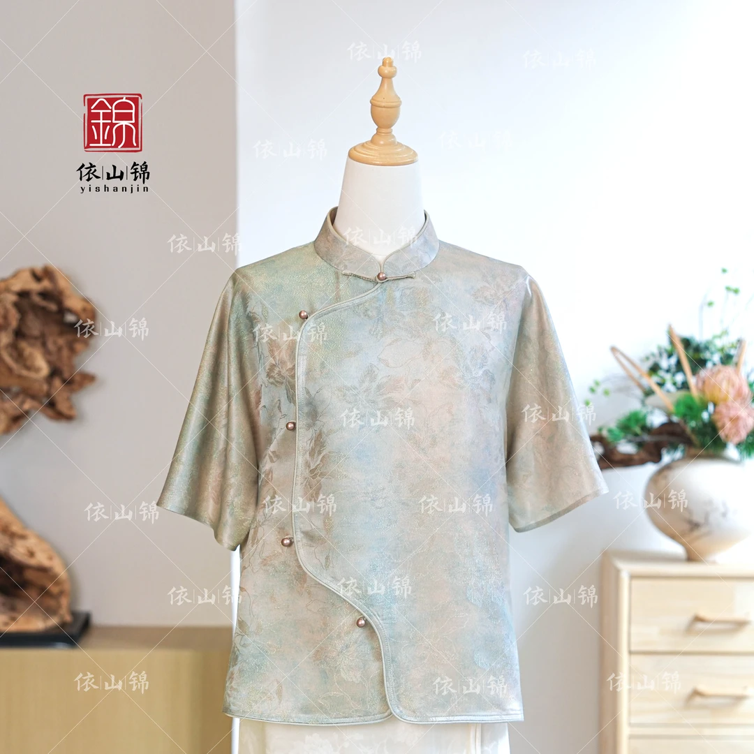 【碧烟】100桑蚕丝国风立领上衣短袖 新中式汉服·依山锦24S0184