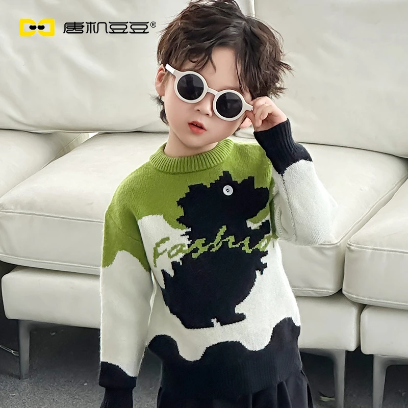 唐机豆豆T24秋季新款男童套头毛衣撞色小恐龙时尚百搭224