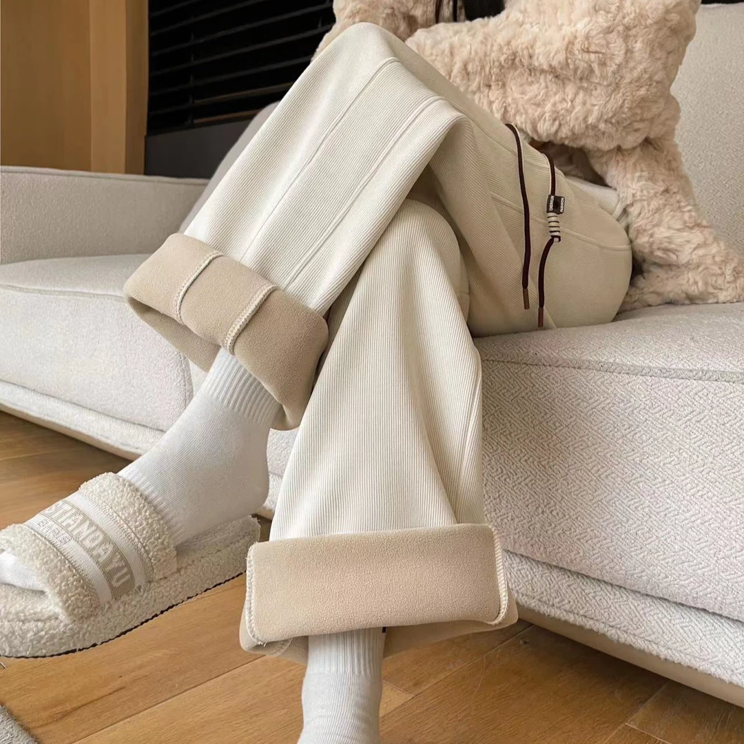 冬款加绒加厚卫裤女显瘦高腰直筒百搭保暖宽松保暖外穿休闲裤长裤