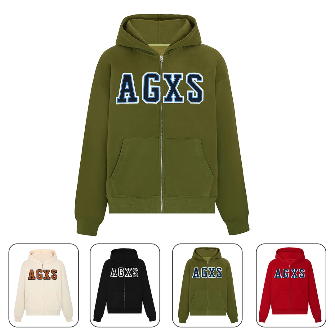 AGXS秋冬三色大LOGO贴布绣加绒拉链卫衣男女情侣开衫外套